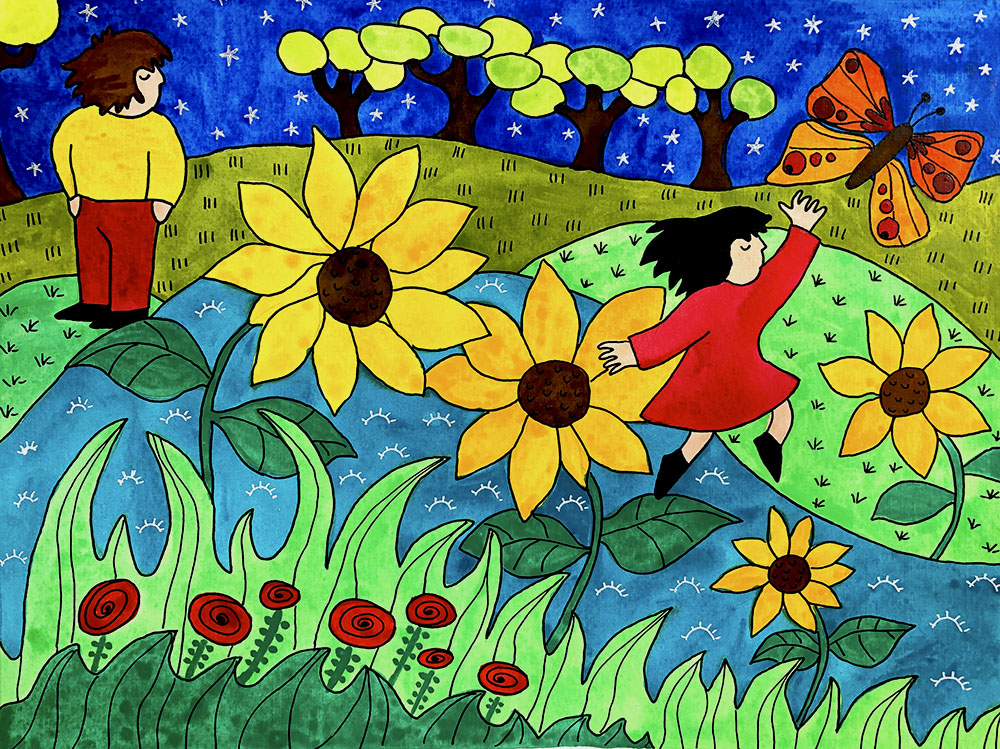 Sunflowers and Girl with a Butterfly